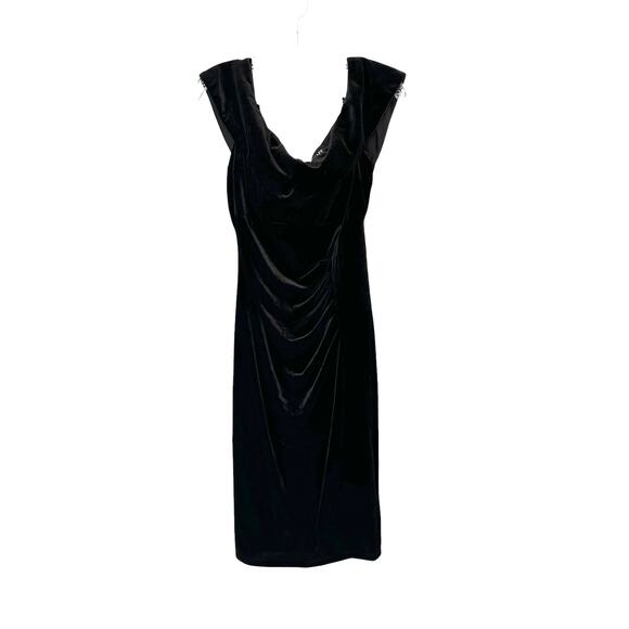 Xscape Black Basic Wedding Guest Velvet Ruched Formal Midi Dress Size 16 - Picture 1 of 12